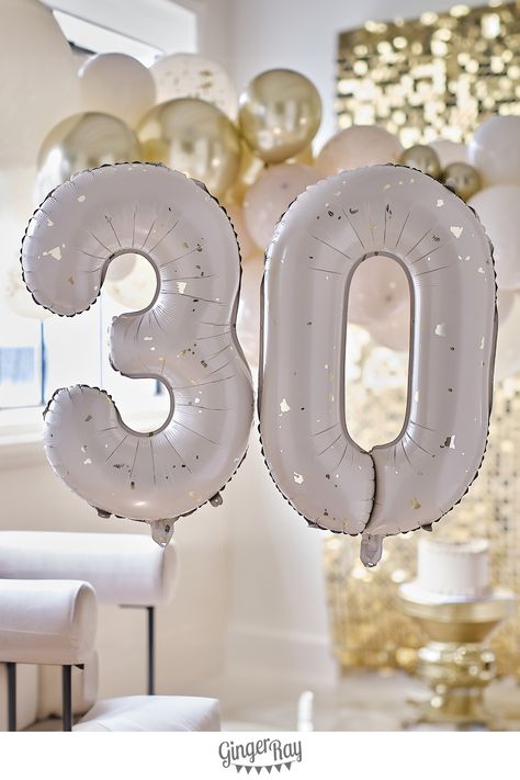 These 30th birthday balloons are a brilliant way to add an eye-catching focal point.  Our new gold party collection is all about the glitz and glamour. This lavish range is for those big celebrations with disco balls, impressive backdrops and milestone hats! 30th Birthday Colour Themes, 30th Birthday Ideas For Women Decoration, Classy 30th Birthday Ideas For Women, 30th Birthday Decor, 30th Birthday Balloons, 40th Birthday Balloons, 30th Birthday Ideas For Women, Bday Pics, 30 Balloons