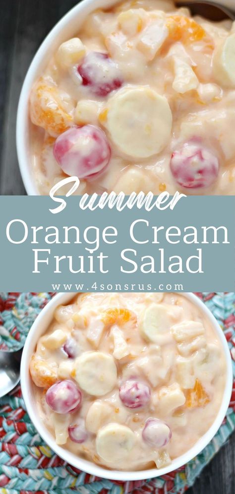 This orange cream fruit salad takes fruit salad to the next level with the addition of a delicious orange cheesecake pudding sauce. This easy fruit salad will be an instant dessert hit, perfect for any summer occasion. Click here to find the step-by-step recipe. Fruit Salad With Pasta, Fruit Salad Dessert Recipes, Cold Fruit Salads, Fruit Salad Canned Fruit, Fruit Pudding Salad, Fruit Salad With Peaches, Sweet Side Salads, Spaghetti Fruit Salad, Chinese Fruit Salad