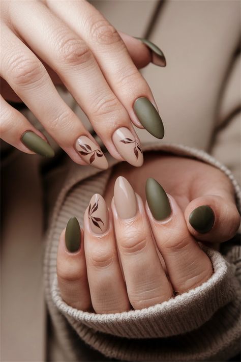 Embrace the changing season with these simple fall nail ideas that radiate elegance. Imagine soft taupe base coats enhanced with delicate leaf accents in warm hues of burnt orange and mustard yellow, capturing the essence of autumn. This style is perfect for anyone looking to add a touch of seasonal charm without overwhelming intricacy. Your nails can be both stylish and easy to achieve! Try this look and let your fingertips celebrate fall. Rust And White Nails, Autumn Nails Simple Design, Autumnal Nail Colours, Simple Thanks Giving Nails, Fall Winter Nails Short, Sage Green Leaf Nails, Orange And Sage Nails, Fall Leafs Nails, Nail Inspo Cottagecore