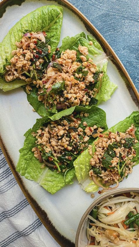 Larb Gai | Minced Chicken Laap Salad | Thai & Lao Laab — The Spice Odyssey Laap Recipe, Laab Recipe, Chicken Laab, Larb Salad, Larb Gai, Chicken Larb, Larb Recipe, Minced Chicken Recipes, Minced Chicken