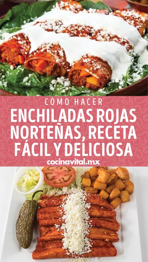 ¡Ricas enchiladas estilo norteño, acompañadas de papitas galeana y un chile toreado! No te quedes con las ganas de preparar esta receta. Enchiladas Rojas Recipe, Enchiladas Mineras, Latina Recipes, Enchiladas Mexicanas, Enchiladas Potosinas, Enchiladas Rojas, Mexican Enchiladas, Latin Recipes, Authentic Mexican