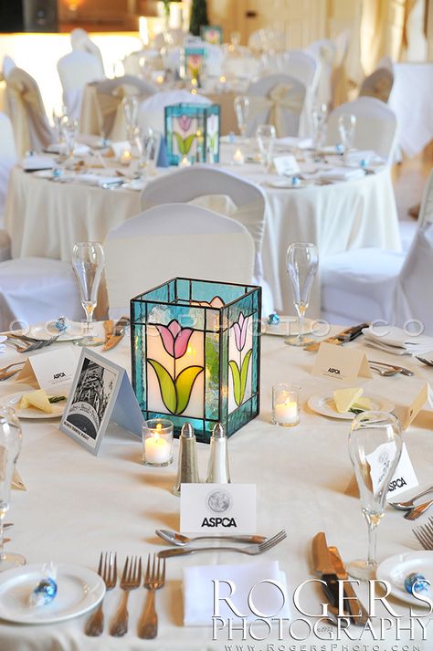 Simple table setting with custom hand made stained glass lanterns by the M.O.B… Stain Glass Wedding Decor, Stained Glass Centerpieces, Stained Glass Simple Ideas, Glass Lanterns, Stained Glass Table Decor, Stained Glass Home Decor, Stain Glass Lanterns, Stained Glass Candle, Stained Glass Table