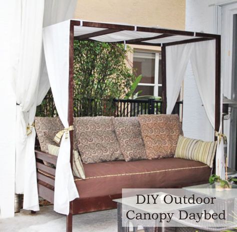 Make your own Outdoor Canopy Daybed!  #plans #DIY Diy Outdoor Daybed, Daybed Plans, Outdoor Daybed With Canopy, Daybed With Canopy, Canopy Daybed, Daybed Outdoor, Patio Bed, Daybed Canopy, Diy Daybed