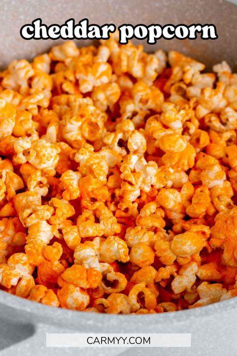 This Cheddar Popcorn is the perfect cheesy treat. This cheesy popcorn is perfect for your next movie night or just as a standalone snack. This homemade cheddar cheese popcorn comes together quickly and easily on the stovetop. Cheddar Popcorn Recipe, Popcorn Recipes Cheese, Nutritional Yeast Popcorn, Homemade Cheddar Cheese, Cheesy Popcorn, Cheddar Cheese Powder, Stovetop Popcorn, Cheese Popcorn, Cheddar Popcorn