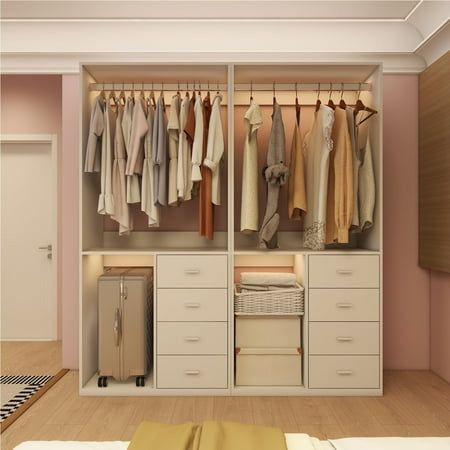 Sophshelter wooden closet system features a modular design, allowing you to tailor the layout to your preferences. Customize by adding or removing shelves and drawers to create the ideal closet organizer for your storage needs. Size: White-304+304. White Wood Wardrobe, Closet Shelving System, Closet Behind Bed, Wooden Wardrobe Design, Wooden Closet, Wood Wardrobe, Closet Renovation, Closet Organizing Systems, Small Closets