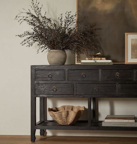 11 Cozy Living Room Color Schemes To Make Color Harmo Dresser At Entryway, Black Rustic Furniture, Black Console Entryway, Dark Buffet Table Decor, Black Wood Entry Table, Fall Sideboard Decorations, Black Rustic Decor, Black Accents In Home, Black Sideboard Decor