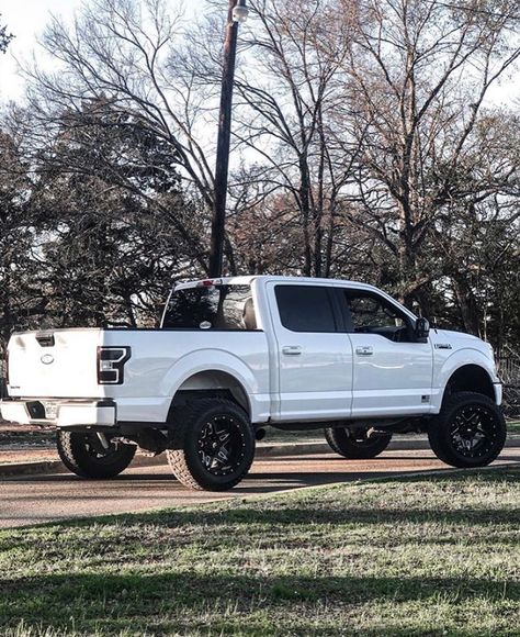 Ford F-150 Jacked Up Ford F150, Truck Ford F150, Ford 150 Trucks, Ford F150 Aesthetic, 2018 Ford F150 Lifted, White Ford F150, White Truck Aesthetic, Ford F 150 Pickup Truck Accessories, Lifted Ford Trucks F150