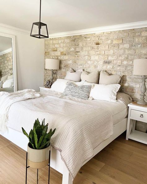 30 Brick Walls to Create an Architectural Feature in Your Home Beige And Grey Bedding, No Headboard Ideas, Bedroom Floor Mirror, Small Farmhouse Bedroom, Black Canopy Bed, Blue And Grey Bedding, Brick Wall Bedroom, No Headboard, Frame Bedroom