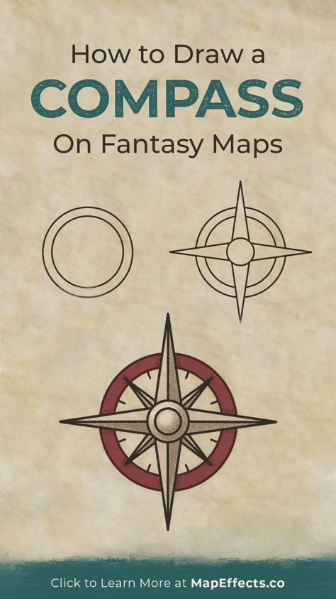 How to draw a simple compass on your fantasy maps Old Map Compass Drawing, Making Your Own Map, Fantasy Map Compass Drawing, How To Draw Fantasy Maps, How To Make A Map, How To Make A Fantasy Map, Old Map Drawing, How To Draw A Map, Fantasy Maps Drawing