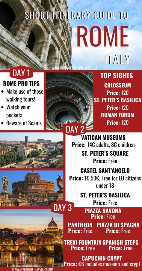 Short guide to Rome Italy. In this travel guide to Rome you will find: The best time to visit Rome, Top things to do in Rome, Best places to stay in Rome and so much more to help you plan your trip to #Rome #Italy #TravelGuide #Planyourtrip #Vacationideas #Guide #Travel #PragueItinerary #Europe #Holiday #TravelTips #CityGuide South Europe, 3 Days In Rome, Europe Holiday, Visit Rome, Walking Map, Rome Itinerary, Rome Travel Guide, Best Of Italy, Visit Places