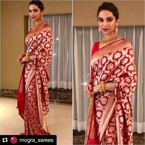 #Repost @mogra_sarees ・・・ @deepikapadukone in a beautiful brocade Banarasi saree.  Pic courtesy #pinterest @leenainamke in a @malkha.india… Red Saree Wedding, Saree Red, Mango Necklace, Designer Sarees Wedding, Bridal Sarees South Indian, Banarsi Saree, Raw Mango, Sari Dress, Indian Saree Blouse