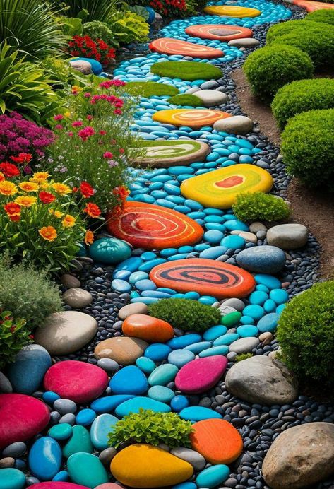 Small School Garden Ideas, Garden Rock Art Ideas Yards, Colorful Rock Garden, Painted Rock Pathway, Fun Flower Bed Ideas, Funky Outdoor Spaces, How To Design A Flower Garden, Rock Flowers In Garden, Painted Rock Garden Landscaping