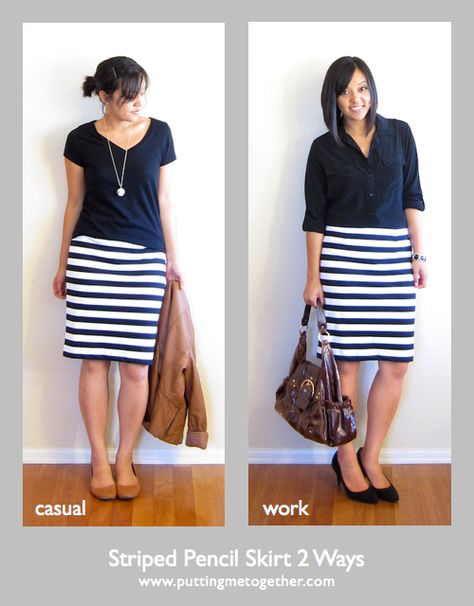 Two Ways to Wear a Striped Pencil Skirt Striped Pencil Skirt Outfit, Stripe Skirt Outfit, Lace Top Black, Striped Pencil Skirt, Classy Skirts, Stylish Petite, Fall Fashion Trends Women, Pencil Skirt Outfits, Striped Skirt