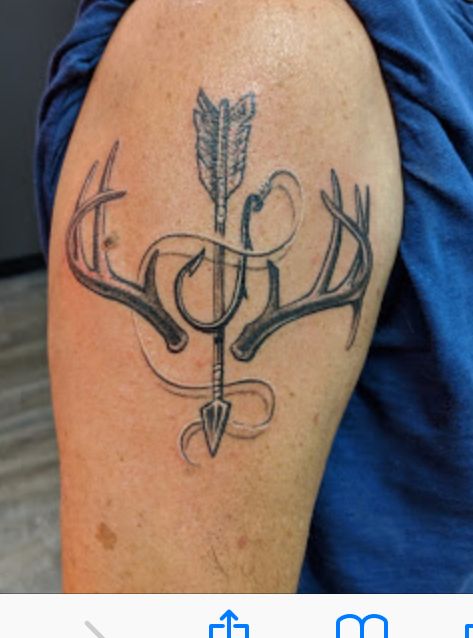 Deer hunting, archery and Fishing.  My favorite hobbies incorporated in a Tattoo that I designed. You are welcome to use or copy. Hunting Tattoo Ideas, Bow Hunting Tattoos, Archery Tattoo, Hunting Fishing Tattoo, Antler Tattoos, Deer Skull Tattoos, Deer Tattoo Designs, Hook Tattoos, Hunter Tattoo