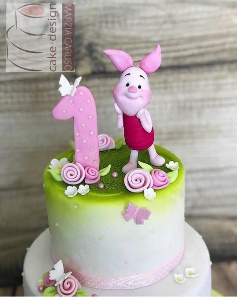 Piglet Birthday Cake, Piglet Cake, Piglet Birthday, Woodland Birthday Cake, Winnie Poo, 1st Bday Cake, Birthday Cake With Name, Cake With Name, Winnie The Pooh Cake