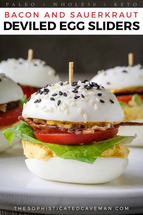 These Bacon and Sauerkraut Deviled Egg Sliders make an adorable but zesty easy appetizer or snack. #Paleo #Keto #Whole30 Egg Sliders, Ketogenic Meals, Keto Deviled Eggs, Bacon Burgers, Devilled Eggs Recipe Best, Egg Burger, Keto Bacon, 170 Pounds, The Biggest Loser