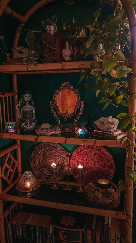 My witchy ideas #witch #moodyinterior #moody Swamp Witch Aesthetic Bedroom, Witchy She Shed, Witch Interiors, Mystic Bedroom, Witchy Decor Witch Cottage, Witchy Closet, Witch Cottage Interior, Witch Aesthetic Bedroom, Witch Shelf