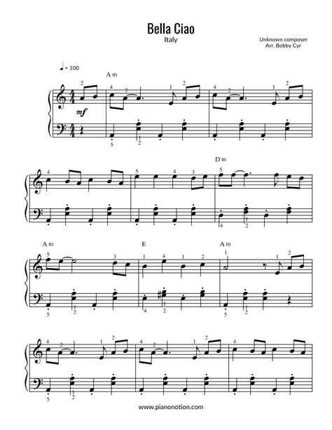 Learn how to play the piano with beautiful melodies from around the world Bella Ciao - Casa de Papel - Free Piano Sheet Music Page 1 Piano Songs Chords, Floor Piano, Piano Sheet Music Beginners, Hall Of The Mountain King, Accordion Sheet Music, Popular Piano Sheet Music, Piano Songs Sheet Music, Free Printable Sheet Music, Easy Sheet Music