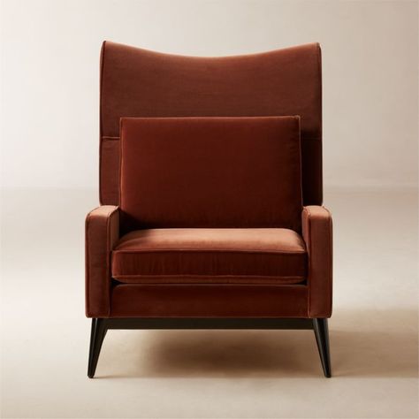 Updated in a rich reddish-bronze velvet, midcentury lounge chair by Paul McCobb retains all of the defining details that made the original a classic. The tall frame supports a firm seat cushion with a more formal yet supportive sit. Tapered black legs, a welt trim and a matching velvet accent pillow complete the tailored design. Pair with the coordinating ottoman. CB2 exclusive.  -Designed by Paul McCobb -Engineered wood frame is certified sustainable by the Forest Stewardship Council r -Cotton- Bronze Furniture, Brown Dining Chairs, Black Leather Chair, Velvet Lounge Chair, Velvet Lounge, Brown Chair, Mid Century Lounge Chairs, Paul Mccobb, Tufted Chair