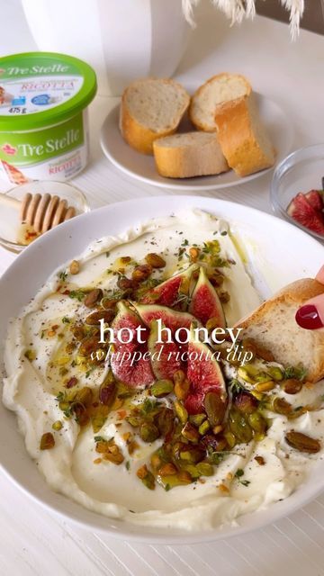 Jamie Milne on Instagram: "I have the simplest and quickest holiday appetizer for you to make! You will love my Hot Honey Whipped Ricotta Dip topped with Pistachios & Figs! This delicious dish came together in under ten minutes and is made with @TreStelleCheese Traditional Ricotta Cheese! This recipe and other delicious holiday recipes can be found on the Bites By Tre Stelle App! Available for free in the App store - you can find the perfect holiday recipes, including this one! Enjoy xx #ad #TreStelle #TreStelleCheese #ricotta #ricottacheese #holidayrecipes #cheeserecipes Hot Honey Whipped Ricotta with Figs & Pistachios Serves 4 Ingredients Whipped Ricotta 2 cups Tre Stelle Traditional Ricotta Cheese 2 tbsp honey 2 tbsp olive oil ½ lemon, juiced and zested Salt & pepper Garnis Honey Whipped Ricotta, Quick Holiday Appetizers, Whipped Ricotta Dip, Ricotta Dip, Whipped Ricotta, Food Addict, Holiday Appetizer, Salad Sauce, Hot Honey