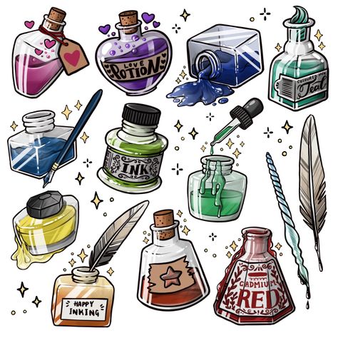 Potions Book, Bottle Designs, Harry Potter Potions, Bottle Drawing, Procreate Ipad Art, Ink Bottle, Images Harry Potter, Inspiration Painting, Witch Art