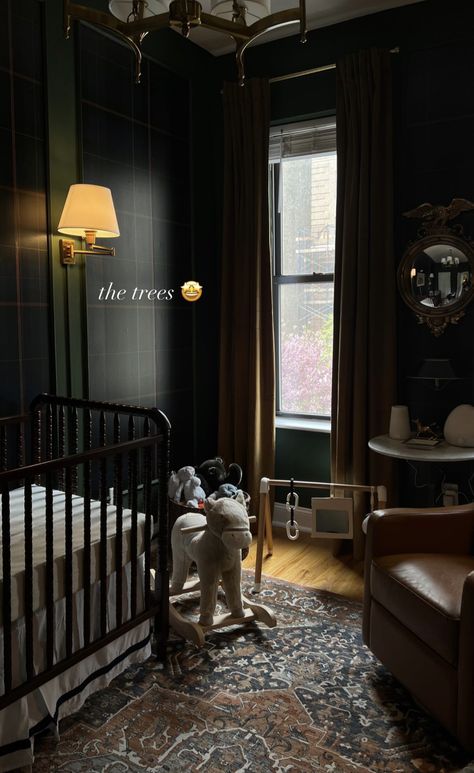 Dark Dramatic Nursery, Dark Aesthetic Nursery, Black French Decor, Old Money Aesthetic Nursery, Dark Nursery Aesthetic, Dark Colored Nursery, Moody Baby Boy Nursery, Dark Academia Kids Room, Victorian Nursery Ideas