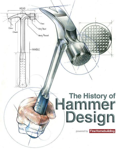 Hammers designs have evolved over the millennia, and they are a time capsule with a story to tell. They reflect our history and the history of their design - Fine Homebuilding #Tools Hammer Drawing, Hammer Design, Arte Viking, Industrial Design Portfolio, Art Emotions, Object Drawing, Industrial Design Sketch, Sketch Markers, Design Del Prodotto