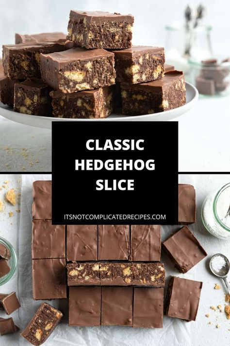 This Hedgehog Slice is the ideal no-bake chocolate dessert. It is quick to make and easily adapted to be gluten-free. Crushed biscuits, coconut and chocolate combine for one of the most simple yet delicious sweet treats! Hedgehog Slice, No Bake Chocolate Desserts, No Bake Slices, Chocolate Slice, Tray Bake Recipes, Digestive Biscuits, Slices Recipes, Chocolate Dessert, Baking With Kids