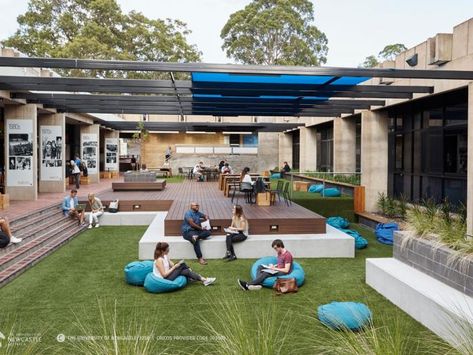 Outdoor Cafeteria, School Outdoor Area, Open Space Architecture, Outdoor Library, Architecture University, Campus University, Coworking Space Design, Student Lounge, Collaboration Area