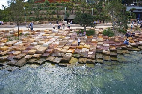 The foreshores of the reserve have been formed in a style that represents the natural formation known on the coast as “tessellated pavement.” Soil Science, Landscape Architecture Design, Urban Furniture, Parking Design, Urban Spaces, Landscape Projects, Urban Planning, Nature Landscape, Landscape Architect