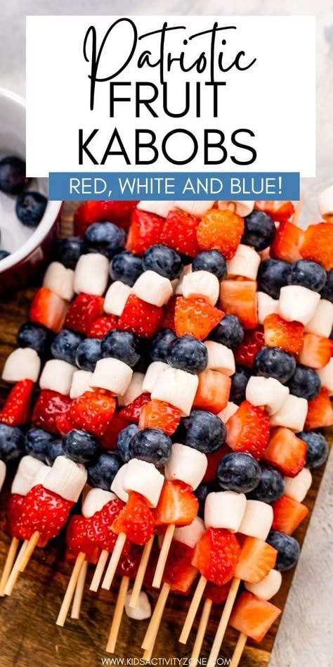 Quick, easy fun party food for the summer! These Red, White and Blue Fruit Kabobs are the perfect patriotic themed recipe for your Memorial Day and 4th of July picnics. So easy to make that the kids can help. Plus, they love to eat them too! Red White Blue Side Dish, Memorial Day Fruit Kabobs, Red White And Blue Themed Birthday Party, Red White And Blue Kabobs, Fourth Of July Kabobs, Red White Blue Party Ideas, Red White And Blue Birthday Party Ideas, Easy 4th Of July Potluck Ideas, Fun Summer Food For Kids