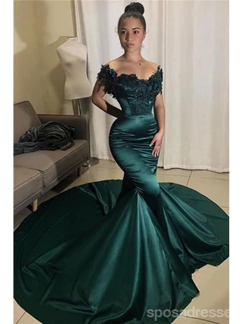 Green Gown, Long Prom Dresses, Mermaid Prom Dresses, Appliques, Green Dress, Prom Dress, Dark Green, Off The Shoulder, Off Shoulder