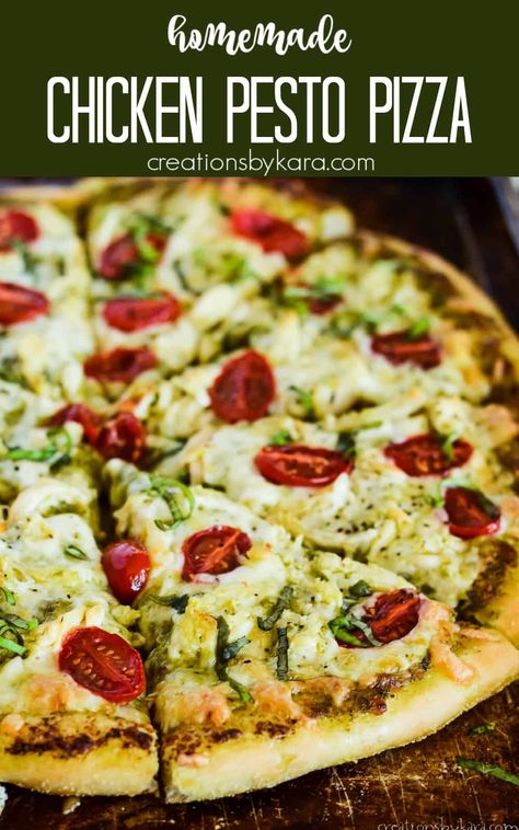 This homemade CHICKEN PESTO PIZZA is perfect for family pizza night! With chewy crust, basil pesto, chicken, mozzarella, and tomatoes, it tastes like a pizza from a fancy restaurant. A must try for pesto lovers! #pestopizza #pestochickenpizza @Creations by Kara Pesto Pita Pizza, Chicken Fajitas Pizza, Pesto Pizza Toppings, Recipe With Tomatoes, Chicken Pesto Pizza, Pesto Pizza Recipe, Basil Pesto Chicken, Family Pizza Night, Chicken Mozzarella