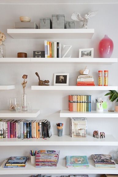 Perfect shelving idea. Off-kilter but still clean looking... Float Shelf, Lack Shelf, Ikea Lack Shelves, Floating Bookshelves, Floating Shelves Kitchen, Floating Shelves Bathroom, Ikea Lack, Regal Design, Estantes Flotantes