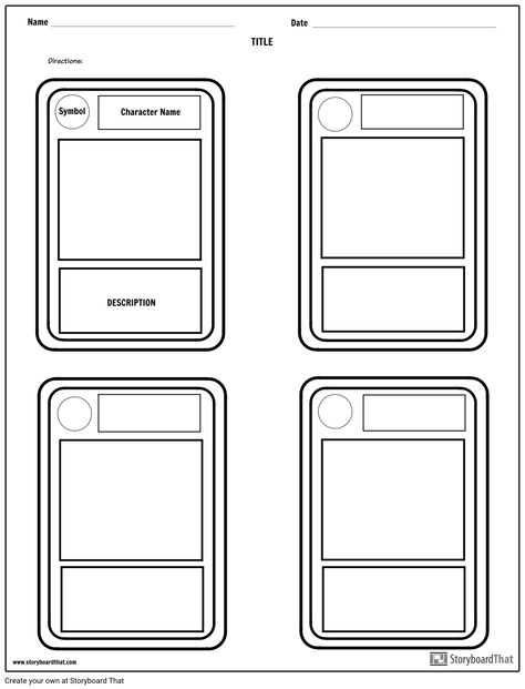 Character trading cards template | project ideas TITLE Name﻿ Directions:﻿ Symbol DESCRIPTION Character Name﻿ Date Diy Trading Cards, Baseball Card Template, Trading Card Ideas, Trading Card Template, Board Game Template, Game Card Design, Board Game Design, Id Card Template, Character Map