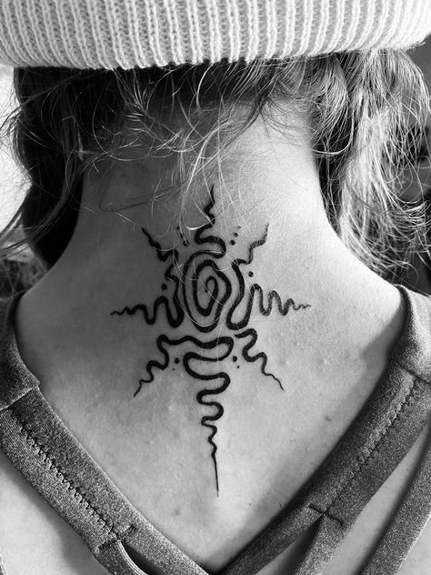 Celestial Neck Tattoo, There Is A Light That Never Goes Out Tattoo, Spiral Of Life Tattoo, Sun Tattoo Neck, Sun Neck Tattoo, Sun Tarot Tattoo, Rays Tattoo Design, Apollo Tattoos, Sun Rays Tattoo Design