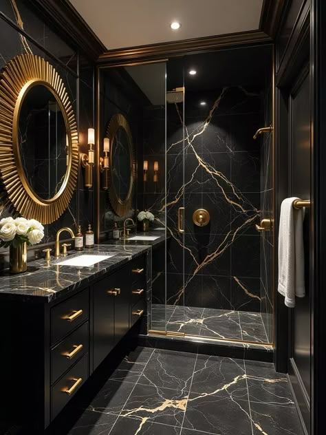 Glamorous art deco bathroom with black marble and gold accents Black And Gold Bathroom Remodel, White Black And Gold Bathroom Ideas, Black White And Copper Bathroom, Black Bathroom With Gold Accents, Black Onyx Bathroom, Black And Gold Marble Bathroom, Black Marmor Bathroom, All Black Half Bathroom, Gold Black And White Bathroom