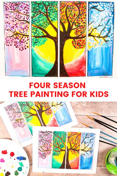 Looking for an easy art project for kids? Children and beginners can create their own beautiful four seasons tree painting with our easy to follow step-by-step tutorial. 4 Seasons Tree Painting, Calendar Art Ideas For Kids, Four Seasons Tree Painting, Tree Art And Craft, Seasons Tree Painting, 4 Seasons Art, 4 Season Tree, Calander Ideas, Tree Art Project