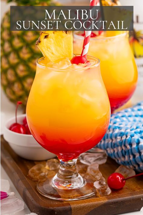 This Malibu Sunset Cocktail tastes as good as it looks. It has the colors of a California sunset and the flavor of a beach vacation. Malibu Sunset Cocktail Recipe, Malibu Sunset Cocktail, Sunset Cocktail Recipe, Tasty Grilled Chicken Recipes, Best Grill Recipes, Malibu Cocktails, Pool Cocktails, Picnic Potluck, Sunset Cocktail