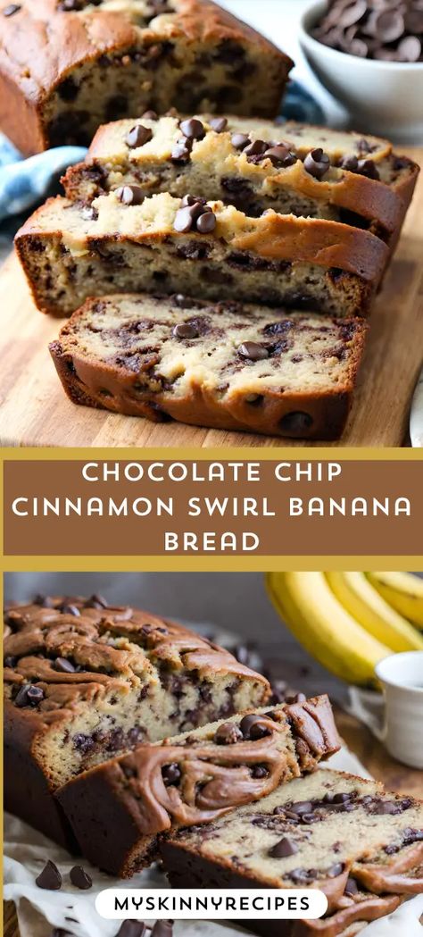 Indulge in a delightful twist on classic banana bread with our Chocolate Chip Cinnamon Swirl Banana Bread recipe! 🍌🍫✨ Moist banana bread with pockets of melted chocolate, swirled with cinnamon-sugar goodness, makes this treat irresistible. Perfect for breakfast, brunch, or a sweet snack! #BananaBread #ChocolateChip #CinnamonSwirl #Homemade #Recipe#myskinnyrecipes Cinnamon Raisin Banana Bread, Banana Swirl Bread, Homemade Cinnamon Swirl Bread, Banana Bread Cinnamon Swirl, Lemon Blueberry Cookies, Cinnamon Swirl Banana Bread, Cinnamon Banana Bread, Classic Banana Bread, Peanut Butter Blossom Cookies