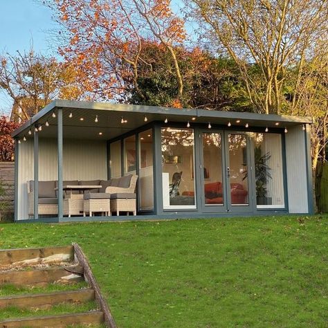 Garden Shed With Pergola Attached, Summer House And Shed, Garden Office With Pergola, Summerhouse With Veranda, Home Office Outdoor, Garden Office Exterior, Shed Entertaining Space, Garden With Summer House, Garden Craft Room