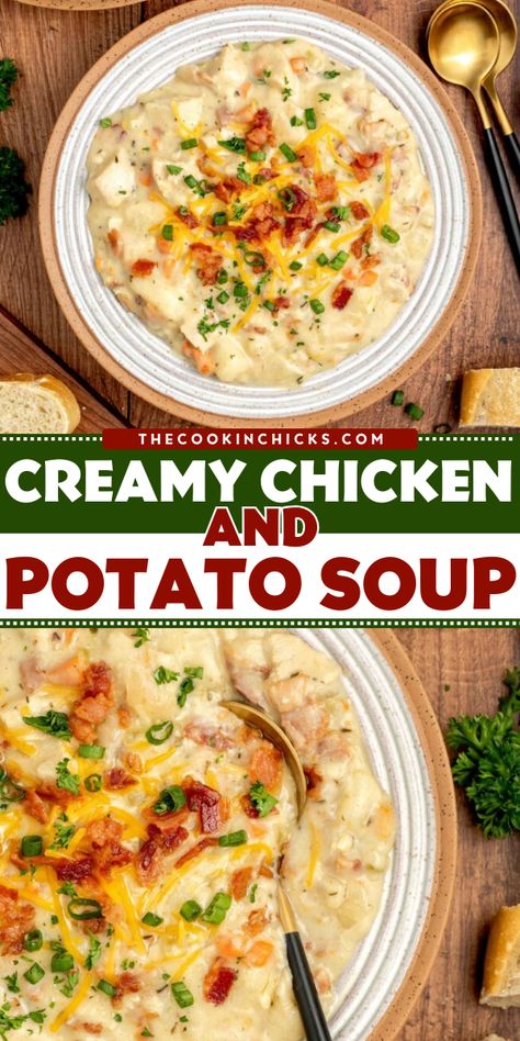 An easy comfort food recipe that's packed with coziness! This creamy chicken potato soup comes together in 30 minutes and is packed with delicious flavor. The next time you're looking for soup ideas for dinner, make sure to try out this chicken and potato soup with heavy cream! Creamy Chicken And Potato Soup, Creamy Chicken Potato Soup, Chicken And Potato Soup, Chicken Potato Soup, Chicken And Potato, Cream Soup Recipes, Chicken Potato, Bacon Chicken, Creamy Chicken Soup