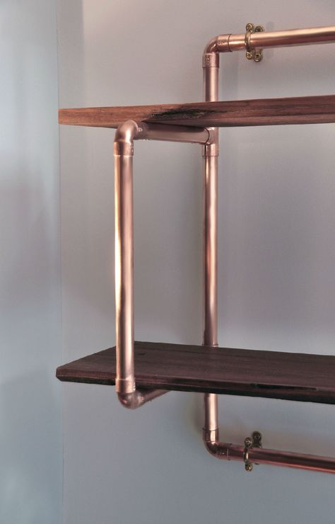 Copper Pipe Shelf, Copper Pipe Lighting, Copper Pipe Ideas, Pipe And Wood Shelves, Copper Shelves, Copper Shelving, Wall Pantry Ideas, Copper Pipe Shelves, Pole Barn Loft Ideas