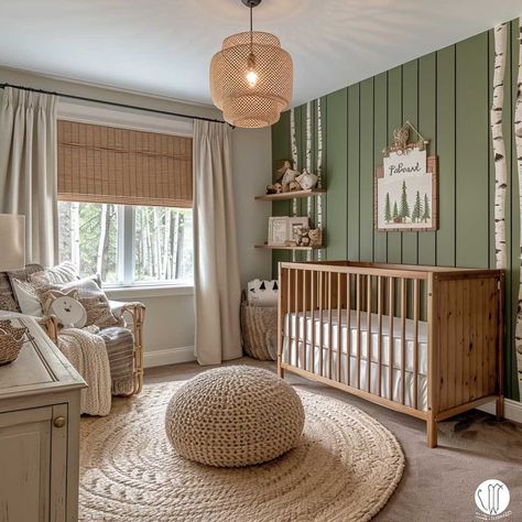 Neutral Nursery With Green, Neutral Green Nursery Ideas, Green Beige Nursery, Brown And Green Nursery, Green And Cream Nursery, Toddler Bedroom Green, Boho Green Nursery, Nursery Green Accent Wall, Neutral Baby Nursery Ideas