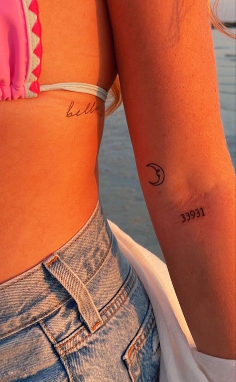 Number Tattoo Ideas Design, Moon On Arm Tattoo, Arm Number Tattoo, Moon Quotes Tattoo, Rib Tattoo Aesthetic, Arm Moon Tattoo, Tiny Tattoos On Arm, Number Plate Tattoo, Cursive Numbers Tattoo