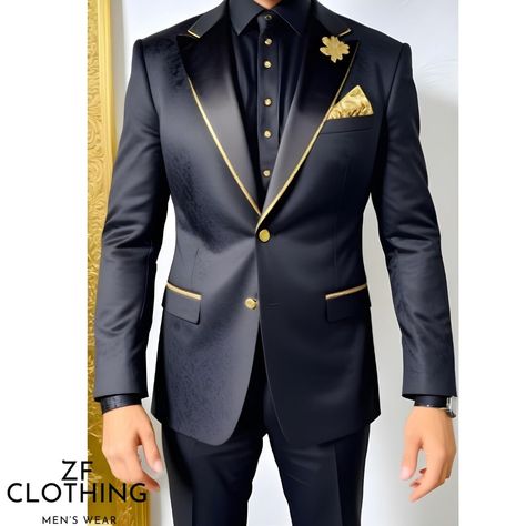 Black And Gold Wedding Suits For Men, Gold And Black Suits For Men, Black Suit With Gold Tie, Black Suit With Gold Accents, Gold Suit Men Wedding, Gold And Black Suit, Black And Gold Tuxedo, Black And Gold Suit, Suits Formal