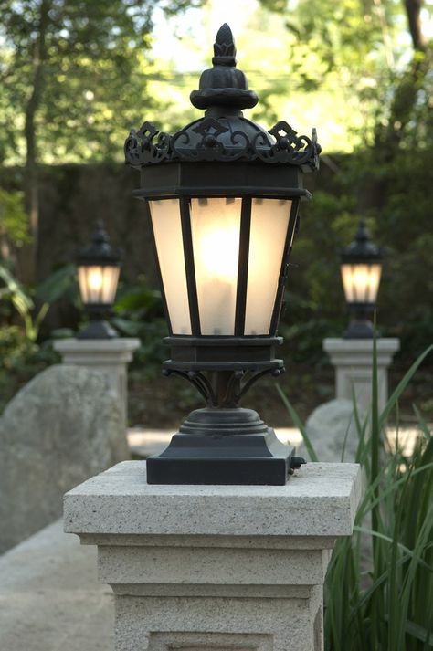 Make your backyard a beautiful space by adding a hand-made outdoor pier lantern from Solara Iron Doors & Lighting. Akash Kandil, Gate Lamp, Outdoor Pillar Lights, Law Practice, Limestone House, Filipino Architecture, Farm Light, Column Lights, Agricultural Implements