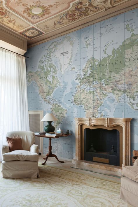 Dream of your next great adventure with a World Map wall mural! This map wallpaper shows a classic continental view of the world in subtle, muted colors, giving it an elegant vintage look. Whether your aim is to educate, fuel wanderlust, or add a worldly feel to your decor, this wall map is the perfect way to achieve it. Murals Your Way offers a wide variety of world map wallpapers, in styles ranging from contemporary to classic to suit the styole of any home or business! Wallpaper Decor Ideas, World Map Mural, Living Room Wallpaper, Map Wall Mural, Map Murals, Loft Ideas, World Map Wallpaper, Map Wallpaper, Classic Living Room