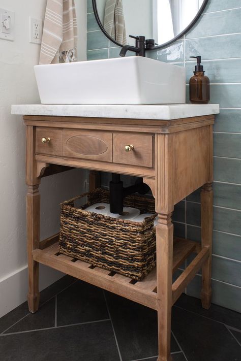 I scored this $30 vintage sewing table off facebook marketplace and turned it into my bathroom vanity! I restained it, added a shelf, updated the hardware to these classic gold knobs, and added a marble counter and modern vessel sink with a black faucet. #vintagevanity #halfbathroom #powderbathroom #mixedmetals #bathroomideas #DIYbathroom Diy Sink Vanity, Modern Vessel Sink, Sink Options, Vintage Sewing Table, Small Bathroom Vanity, Vintage Sink, Vessel Sink Vanity, Unique Bathroom Vanity, Bathroom Vanity With Sink