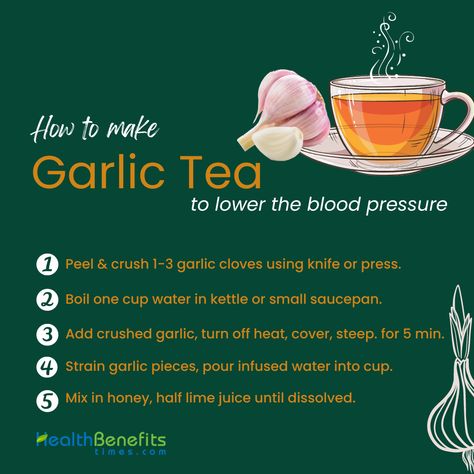 A step-by-step guide showing the preparation of garlic tea, a natural method to help manage high blood pressure. Garlic Water Benefits, Garlic Tea Benefits, Garlic Tea, Honey Lemon Tea, Garlic Health Benefits, Garlic Benefits, Water Benefits, Honey Benefits, Health Guru